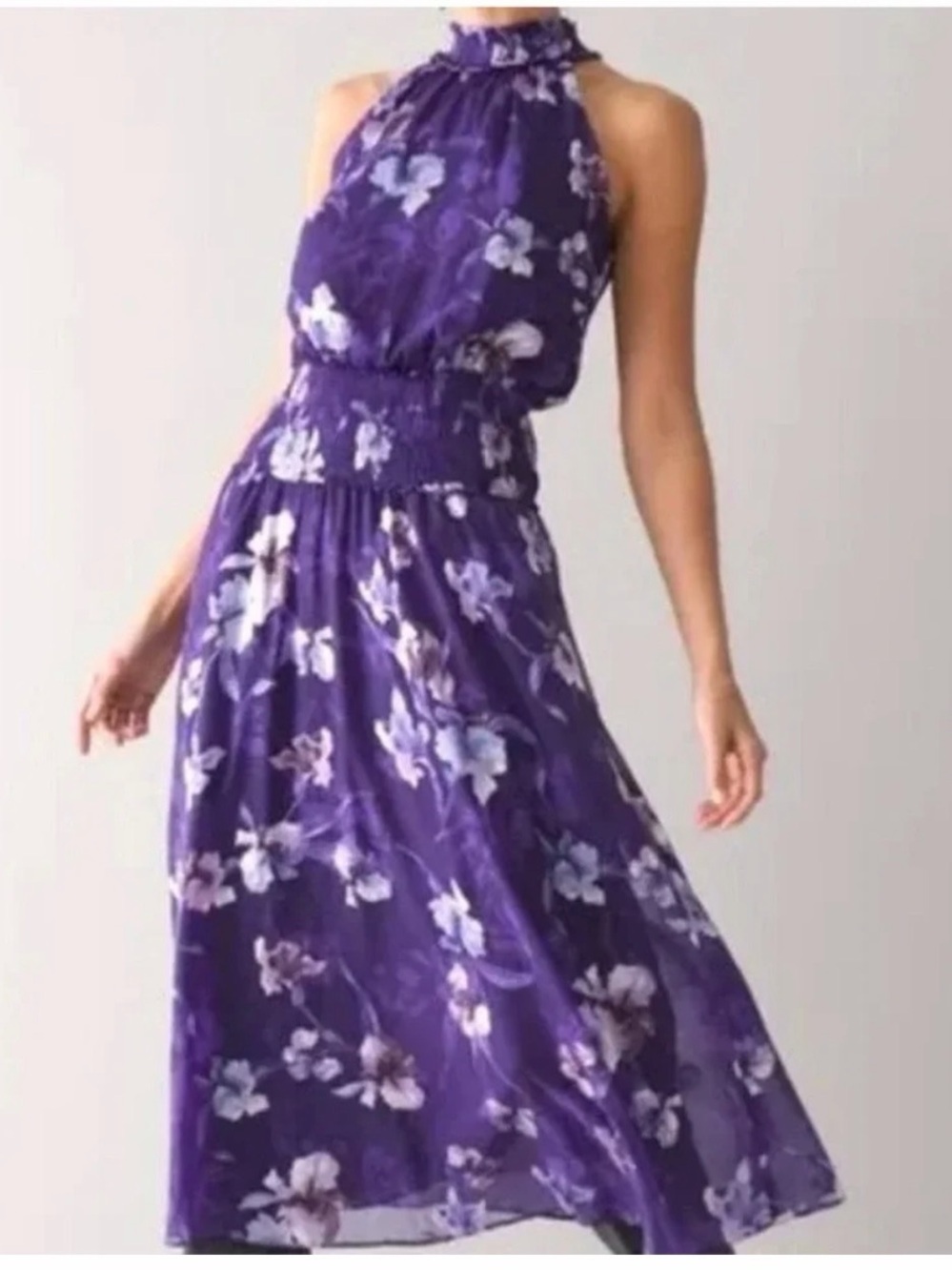 White House Black Market Iris Floral Bouquet Smocked Sleeveless Midi Dress